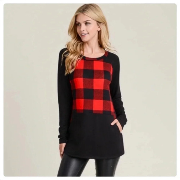 Buffalo Plaid Long Sleeve Top | Red Black Raglan Fall Winter Shirt - Picture 6 of 7